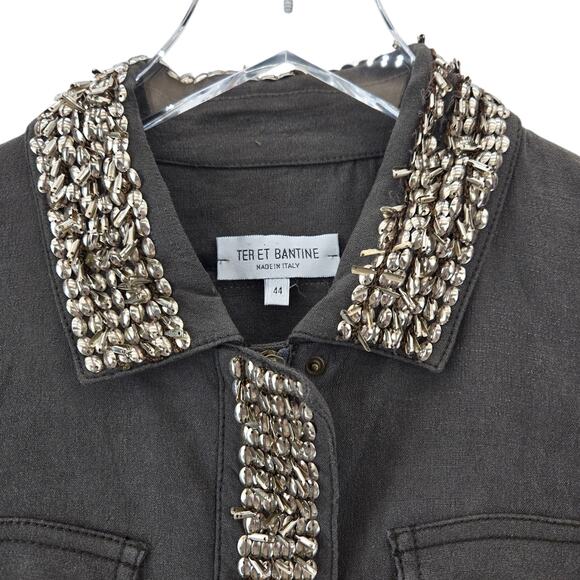 Ter Et Bantine Cropped Linen Jacket Womens 44 IT Small Taupe Gray Studded Italy - Picture 2 of 11